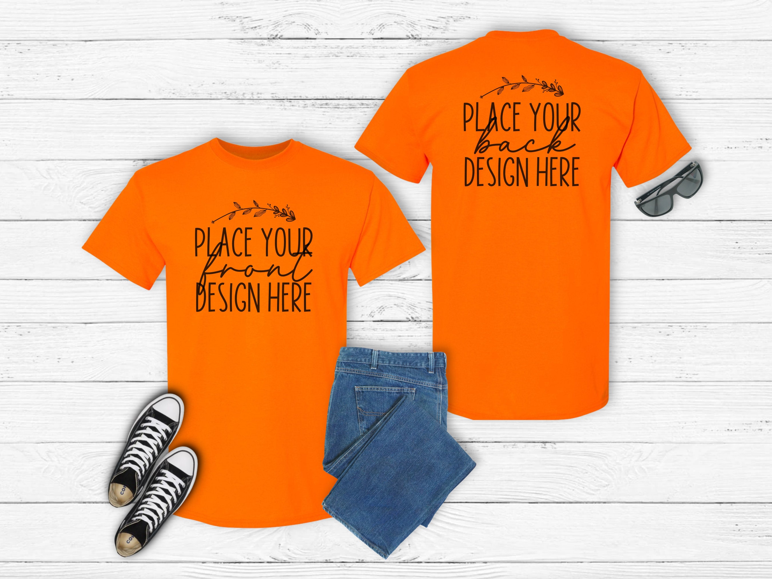 Safety Orange Gildan 5000 T-shirt Mockup: Front & Back (AI