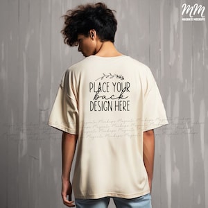 Sand Gildan 5000 shirt mockup back male model t-shirt beige men&#39;s shirt mock up sand 5000 behind tshirt beige man Mockups AI jpg download