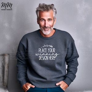 Dark Heather Gildan 18000 Sweatshirt Mockup older male dark heather mock up Mature men&#39;s Gildan 18000 heather man grey Sweater JPG Download