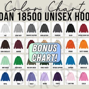 May include: Color chart for Gildan 18500 unisex hoodies. The chart shows 24 different color options for the hoodies, including white, ash, sport grey, graphite heather, dark heather, charcoal, black, antique cherry red, cherry red, red, dark chocolate, maroon, orange, safety orange, gold, safety green, mint green, Irish green, military green, forest green, antique sapphire, sapphire, indigo blue, light blue, Carolina blue, royal, navy, violet, orchid, purple, light pink, azalea, and heliconia.