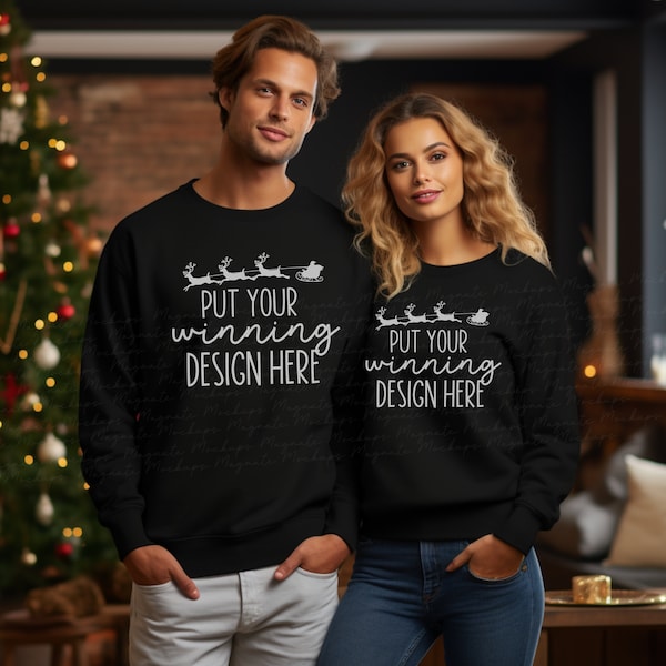2 sweatshirt Christmas mockup black Gildan 18000 two Sweater Xmas mock up couple mockup blank sweatshirt couple jumper duo pair JPG Download