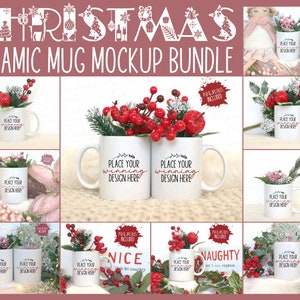 Christmas mug mockup PSD bundle blank printify 11oz white ceramic mug bundle Xmas coffee mug white handle mugs smart object PSD JPG Download