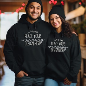 black Gildan 18500 hoodie couple mockup Christmas man woman blank 18500 mock up hoodies mockup hoodie model mockup xmas mock-up AI download