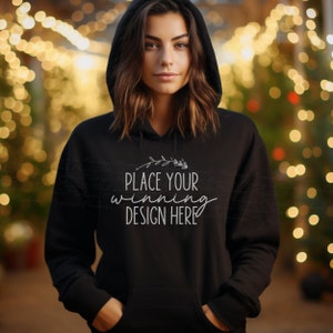 black Gildan 18500 hoodie mockup Christmas Female ladies mock up hoodies mockup black hoodie model mockups women's xmas mock-up AI download