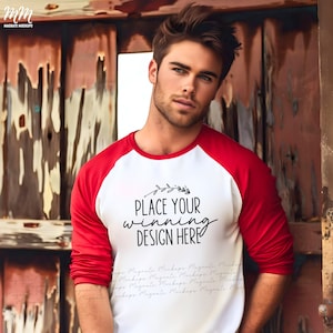 red & white bella canvas 3200 raglan shirt mockup male bella canvas 3200 baseball mockups shirt men&#39;s mock man red tee 3200 ai JPG Download
