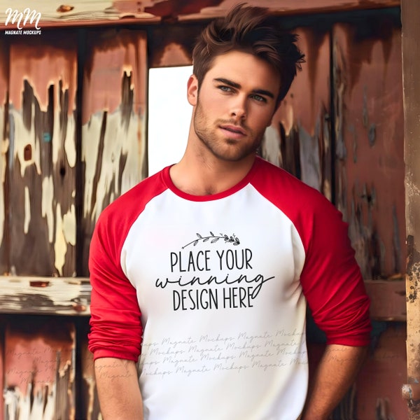 red & white 3200 raglan shirt mockup male bella canvas 3200 baseball mockups shirt men's white red raglan tee mock man red 3200 JPG Download