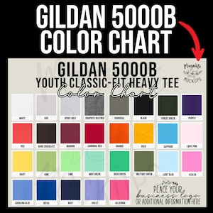 May include: Color chart for Gildan 5000B Youth Classic-Fit Heavy Tee shirts. The chart displays a variety of colors, including white, black, red, orange, and blue. The text "GILDAN 5000B COLOR CHART" is at the top.