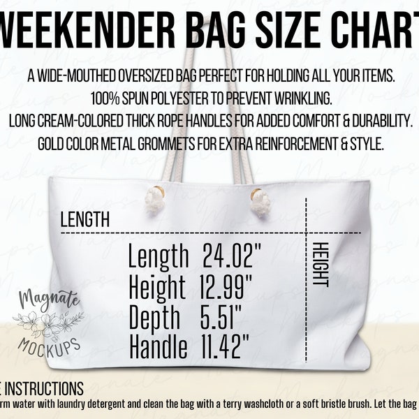 Weekender Bag size chart mockup printify weekender bag mockups cream handle gold grommets blank generic brand big bags mock ups jpg download