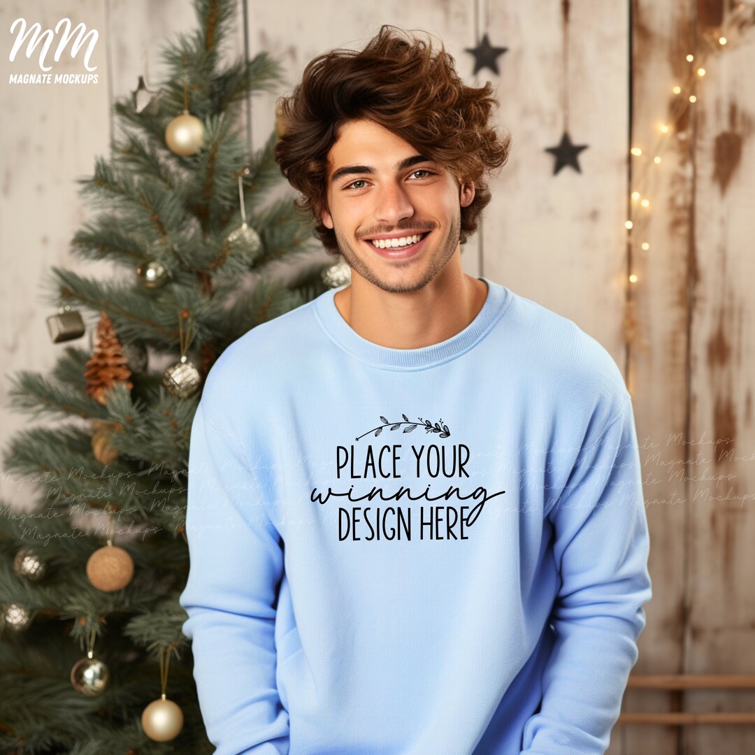 Men's Light Blue Sweatshirt Christmas Mockup Gildan 18000 Male Model