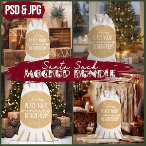 May include: Four different mockups of a white Santa sack with a brown and white design. The sack has a circle in the center with the text "PLACE YOUR winning DESIGN HERE". The mockups are set against different Christmas backgrounds, including a Christmas tree, a fireplace, and a rustic wooden table.