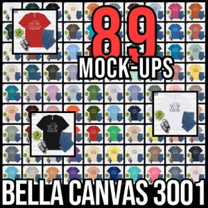 以下が含まれることがあります： Bella Canvas 3001 Tシャツのモックアップが89種類あり、赤、青、緑、黄、黒など、さまざまな色があります。各モックアップには、カスタマイズ可能な空白のフロントを持つTシャツが特徴です。