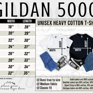 Gildan 5000 size chart up to 5xl tshirt sizing chart unisex 5000 heavy cotton shirt size guide 5000 t-shirt size charts AI digital download