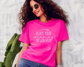 heliconia Gildan 5000 mockup t-shirt female Gildan pink shirt mock up women's Gildan heliconia tee Mockups ladies 5000 mock-up jpg download