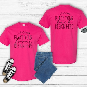 heliconia Gildan 5000 t-shirt mockup front & back unisex Gildan pink heavy cotton shirt mockups Flat Lay blank Gildan Mockup AI download