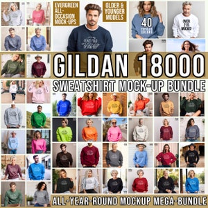 May include: A large collection of 18,000 Gildan sweatshirt mockups featuring a variety of models, colors, and poses. The mockups are perfect for showcasing your designs and creating professional-looking product images.