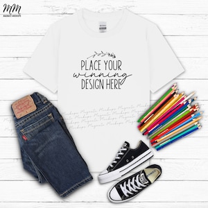 Gildan 5000b white shirt mockup flat lay gildan kids t-shirt mockups G500B white youth tshirt mock up childrens flatlay mock-up AI download