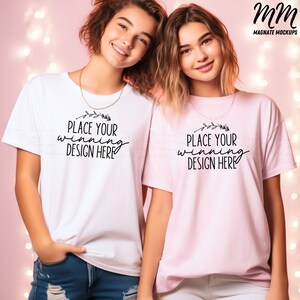 white pink Gildan 64000 t-shirt mockup christmas teenager 2 teens xmas mock-up youth friends 64000 sibling mock up white shirts AI download