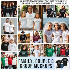 May include: A collection of family, couple, and group mockups featuring various clothing items, including t-shirts, sweatshirts, and hoodies. The mockups showcase different poses and settings, providing a visual representation of how the designs would look on real people.