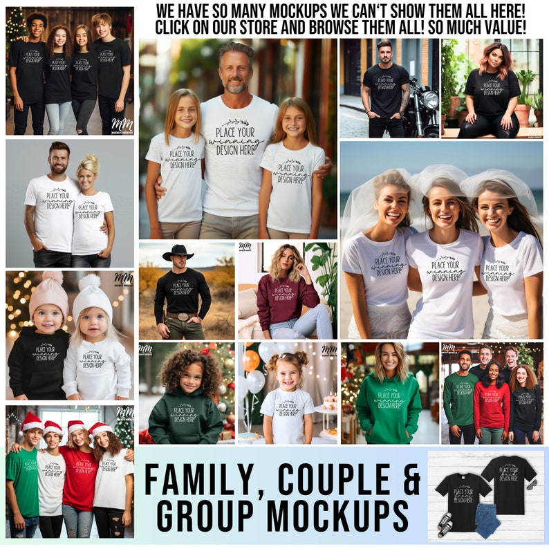May include: A collection of family, couple, and group mockups featuring various clothing items, including t-shirts, sweatshirts, and hoodies. The mockups showcase different poses and settings, providing a visual representation of how the designs would look on real people.