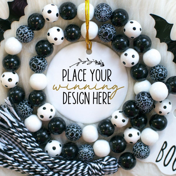 Round Halloween Ornament Mockup round white printify ceramic ornament blank white Holiday decoration mock-up ornaments mockup JPG Download