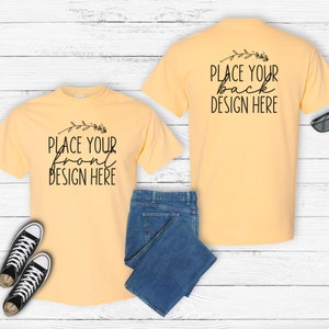 yellow haze Gildan 5000 front & back shirt mockup unisex t-shirt tagless yellow heavy cotton tshirt mockups Flat Lay blank tee AI download