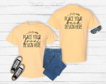Yellow Haze Gildan 5000 T-Shirt Mockup: Front & Back Flat Lay (AI jpg Download)