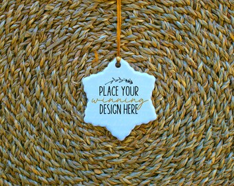 Snowflake Ornament Mockup: Ceramic, White & Gold (Digital Download)