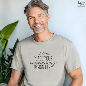 heather cool grey bella canvas 3001 shirt mockup older mens heather cool grey t-shirt mature male mock up 3001 mock ups tshirt AI download