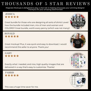 May include: Five customer reviews with five stars each for a mockup bundle. The reviews highlight the ease of use, quality, and value of the product. The reviews are accompanied by images of the product, including a variety of colors and styles.