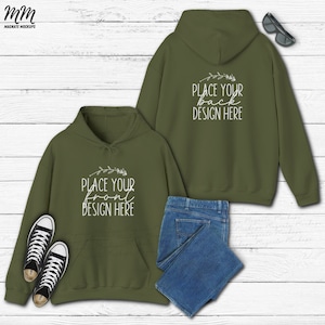 Military green Gildan 18500 hoodie mockup front back military green 18500 back flat lay mock hoodie 18500 flatlay mock-up JPG AI Download