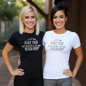 2 women white & black shirt mock up best friends blank white black tshirt sisters mock ups lesbian couple mockup female mockups AI download