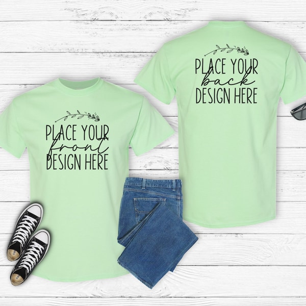 mint green front & back mockup Gildan 5000 unisex t-shirt Gildan heavy cotton shirt mockups neon Flat Lay blank Gildan Mock up jpg download