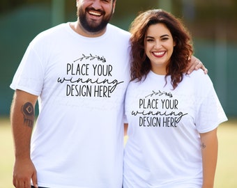 Plus Size Couple White Gildan 5000 T-Shirt Mockup (AI Download)
