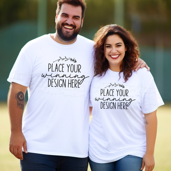 size inclusive couple 2 white t-shirt mockup plus size Gildan 5000 Gildan man & woman shirt mockups couple blank shirt mock up jpg download