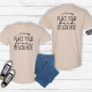sand front & back mockup Gildan 5000 unisex t-shirt Gildan heavy cotton shirt mockups Flat Lay beige blank flatlay tee Mock ups AI download
