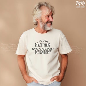Sand Gildan 5000 shirt Grandpa mockup older age male model t-shirt beige senior men&#39;s shirt mock up older pa man tshirt Mockups AI download