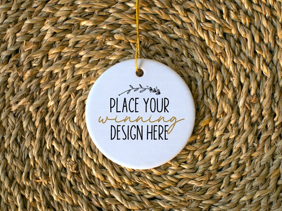 White Round Ceramic Blank Ornament REAL photo Mockup: Gold Ribbon (JPEG Download)