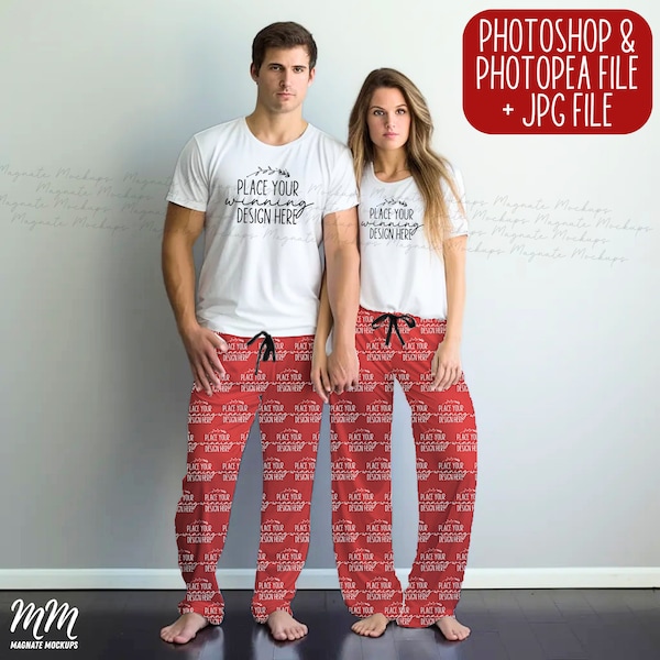 AOP Pyjama Hose Paar Mockup Pyjama Hose blanko weiss shirts Paare weiss Pj Hose schwarz Kordelzug smart Objekt PSD JPG Download