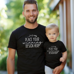 T-shirt papa et bébé noir maquette père bambin maquette père garçon papa fils t-shirt fête des pères fille t-shirt blanc maquettes modèle téléchargement AI