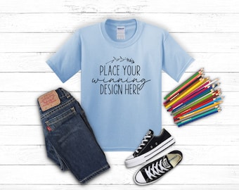 kids light blue shirt mockup Gildan 5000b flat lay kids t-shirt mockups G500B youth t-shirt mock up children's flat lay mockup jpg download