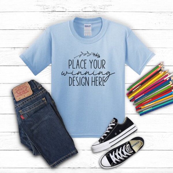 kids light blue shirt mockup Gildan 5000b flat lay kids t-shirt mockups G500B youth t-shirt mock up children's flat lay mockup jpg download