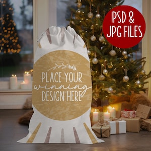 Christmas sack mockup PSD white printify sack mockups festive gift Present blank Xmas bag Mock-up Drawstring smart object PSD JPG Download