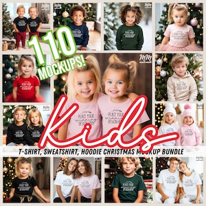 110 kids Christmas MEGA mockup BUNDLE girls boys sweatshirts hoodies t-shirt mock-up bundles holiday Xmas youth toddler bundles AI download