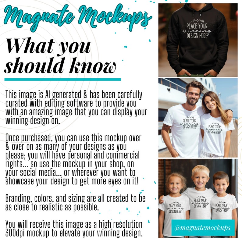 May include: A promotional image featuring a black hoodie, white t-shirts, and children's t-shirts, each displaying the text "PLACE YOUR WINNING DESIGN HERE." The image also includes text that says "Magnate Mockups" and "What you should know."