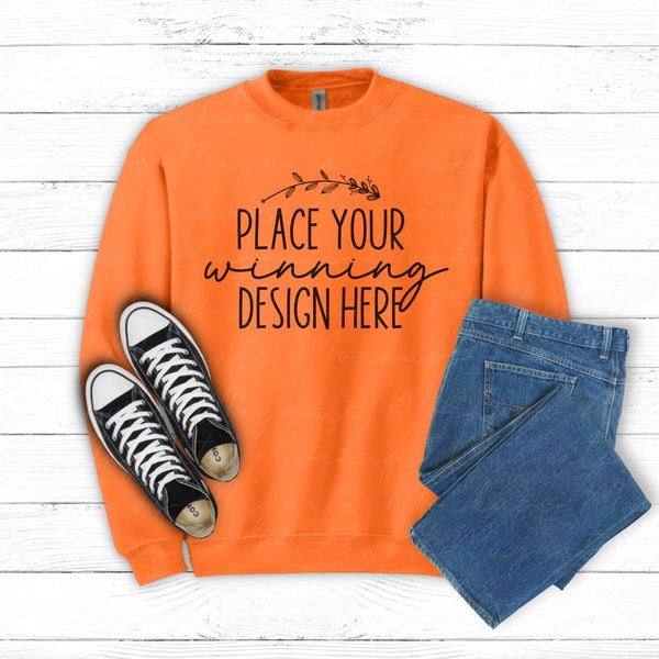 Safety orange sweater mockup Gildan 18000 unisex mock up sweatshirt Mock ups orange Gildan G180 evergreen flat lay mockup 18000 jpg download