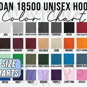 May include: Color chart for Gildan 18500 unisex hoodies. The chart shows 24 different color options, including white, ash, sport grey, graphite heather, dark heather, charcoal, black, antique cherry red, cherry red, red, dark chocolate, maroon, garnet, old gold, sand, orange, safety orange, gold, military green, forest green, antique sapphire, sapphire, indigo blue, light blue, carolina blue, royal, navy, violet, orchid, purple, light pink, azalea, and heliconia.