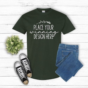 forest green Gildan 5000 t-shirt mockup unisex Gildan heavy cotton shirt mock up Flat Lay Gildan tee Mockups men&#39;s women&#39;s tee AI download