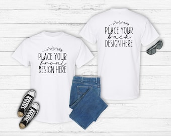 White Gildan 5000 T-Shirt Mockup: Front & Back Flat Lay (AI Download)