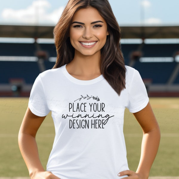 white shirt women's football mockup Bella 3001 female model tshirt mockups blank tee t-shirt footy season t-shirt white mock up jpg download