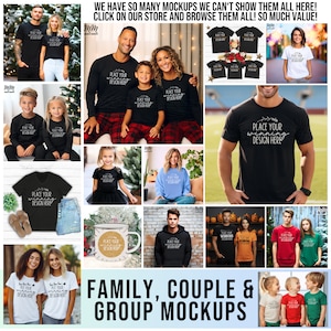 May include: A collage of images showcasing various family, couple, and group mockups for t-shirts, hoodies, mugs, and other apparel. The mockups feature different poses and settings, including couples holding mugs, families wearing matching shirts, and groups of friends in various outfits. The text "PLACE YOUR WINNING DESIGN HERE" is displayed on many of the mockups.